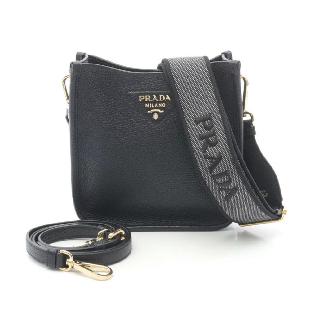 Prada VITDAINO SOFT Shoulder Bag Leather Canvas Black